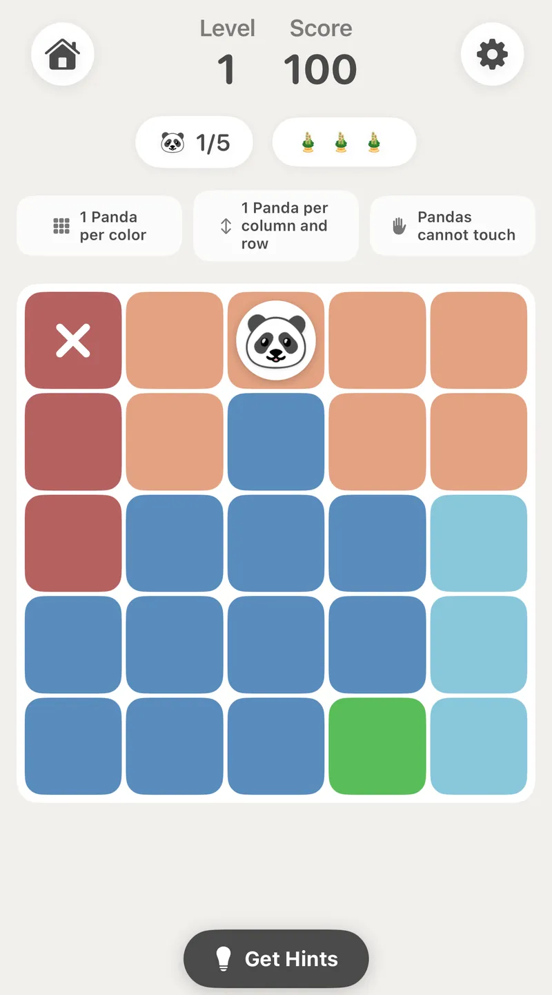 MyDoku puzzle in progress: one panda found, one incorrect guess marked with an X