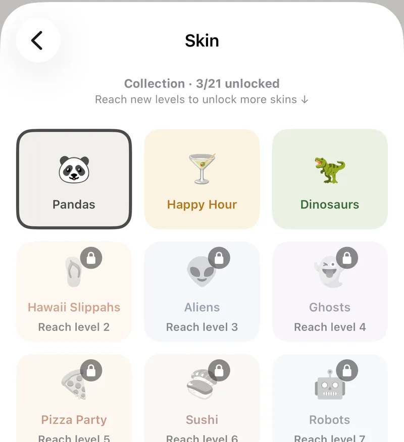 MyDoku theme picker showing pandas, dinosaurs and other unlockable skins
