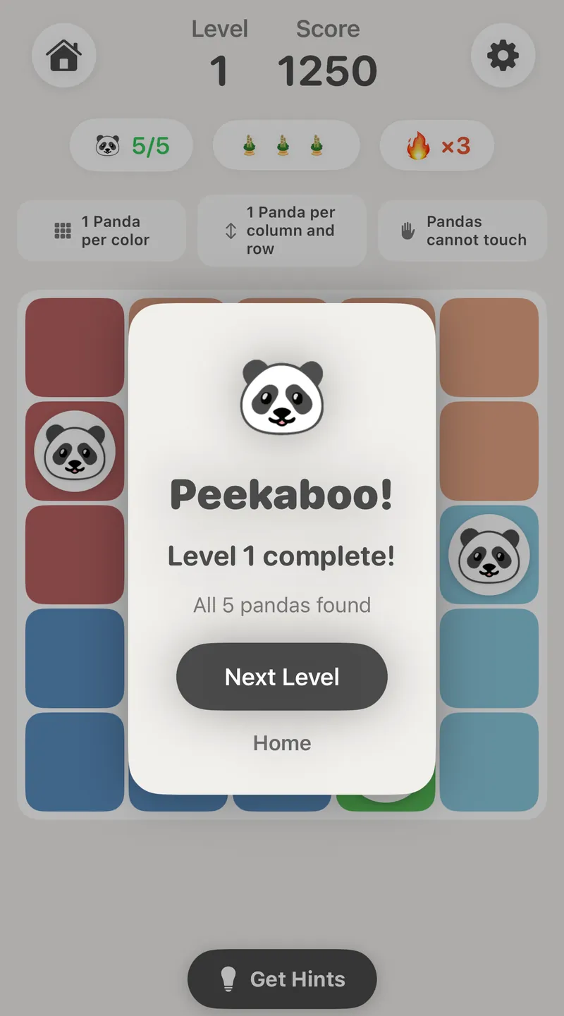 MyDoku win screen: level complete, all five pandas found